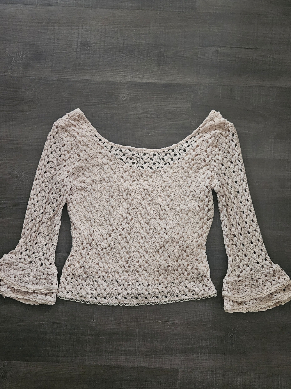 Free People Boho Crochet Bell Sleeve Top Nude Pink Lace Knit Scoop Neck Small